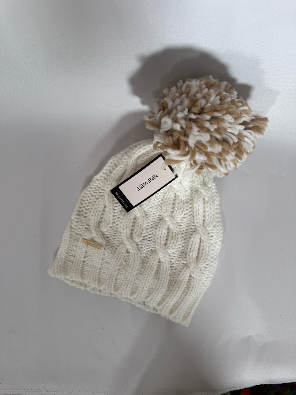 Nine West Cream Cable Knit Pom Beanie